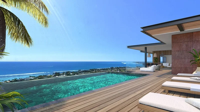 Luxury beachfront apartment in Tamarin, Mauritius, with 3 bedrooms, ocean views, and 5-star services