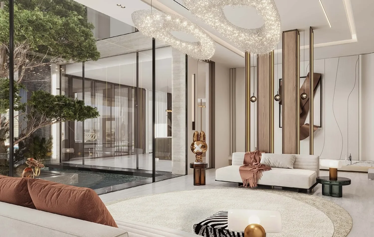 Offers luxurious 5BRvilla in Palm Jumeirah, showcasing a blend of sophisticated materials & design