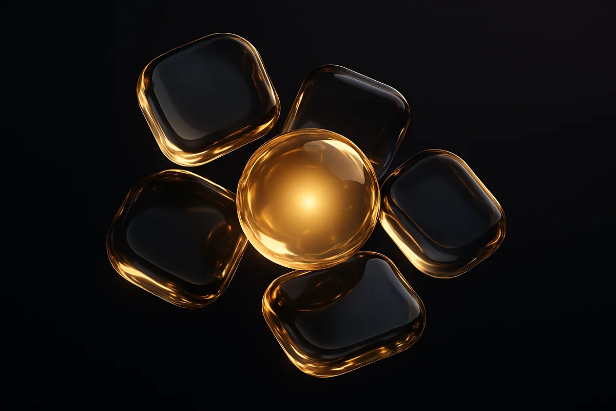 Interlocking liquid-glass app tiles orbiting a golden core
