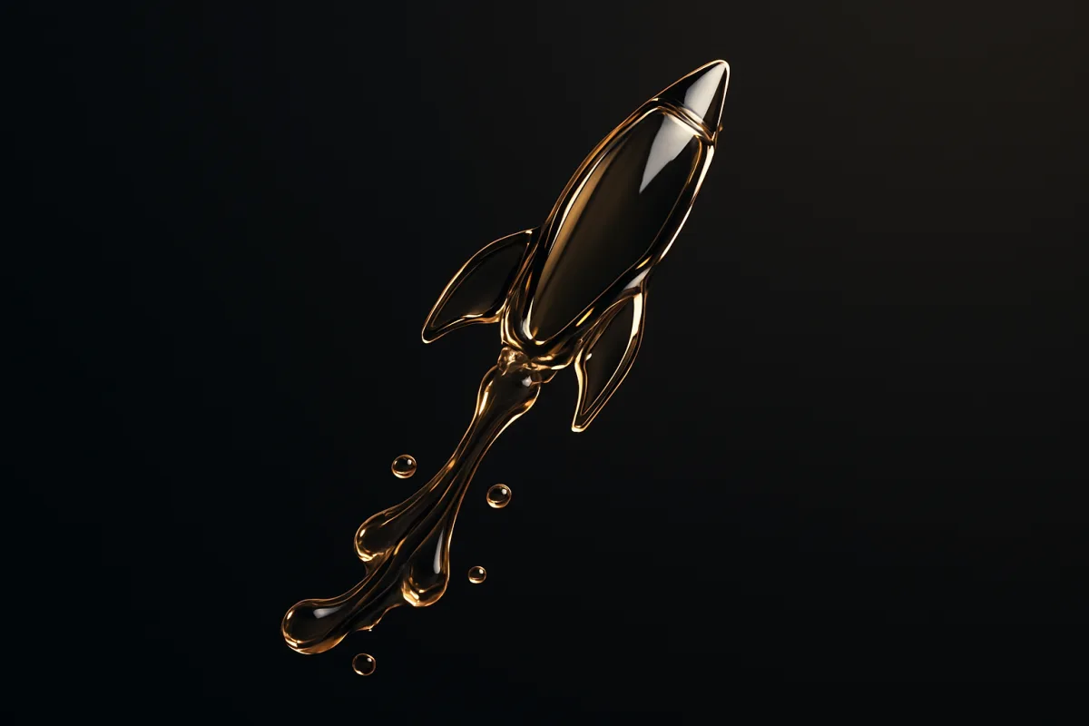 A glass rocket ascending over a near-black backdrop
