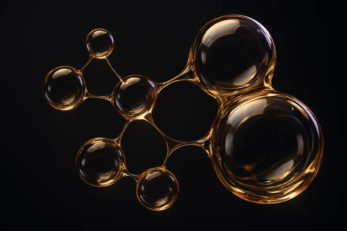 Connected glass orbs joined by fine golden threads