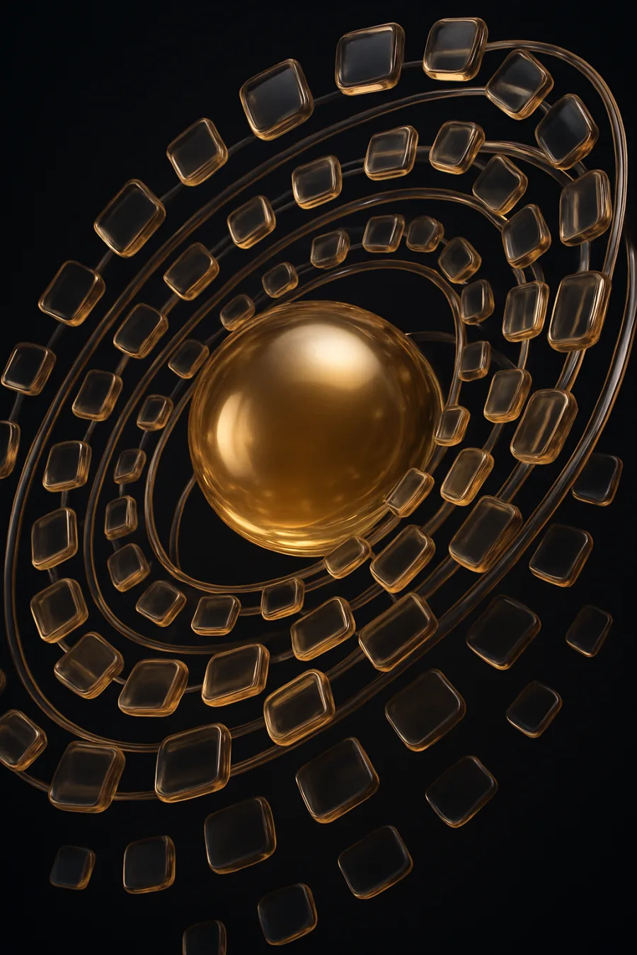A constellation of translucent glass app tiles orbiting a golden sphere — the 128-app OpenLuxe ecosystem