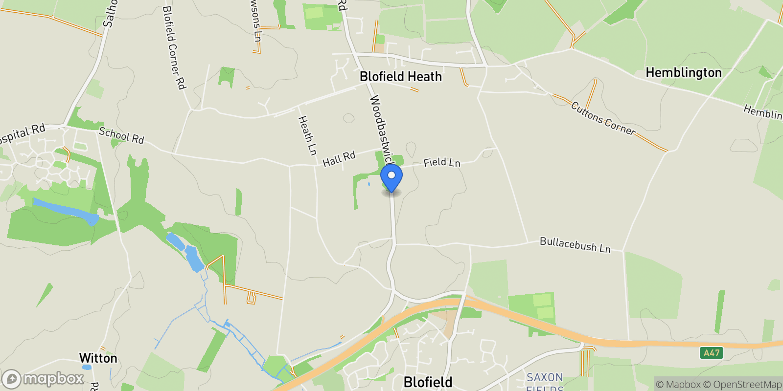 Map showing Woodbastwick Road, Blofield, Norwich, Blofield, England, United Kingdom.