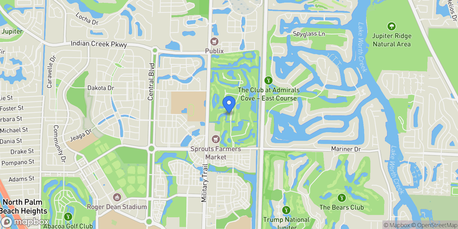 Map showing 134 Golf Village Boulevard, Jupiter, Florida, United States.
