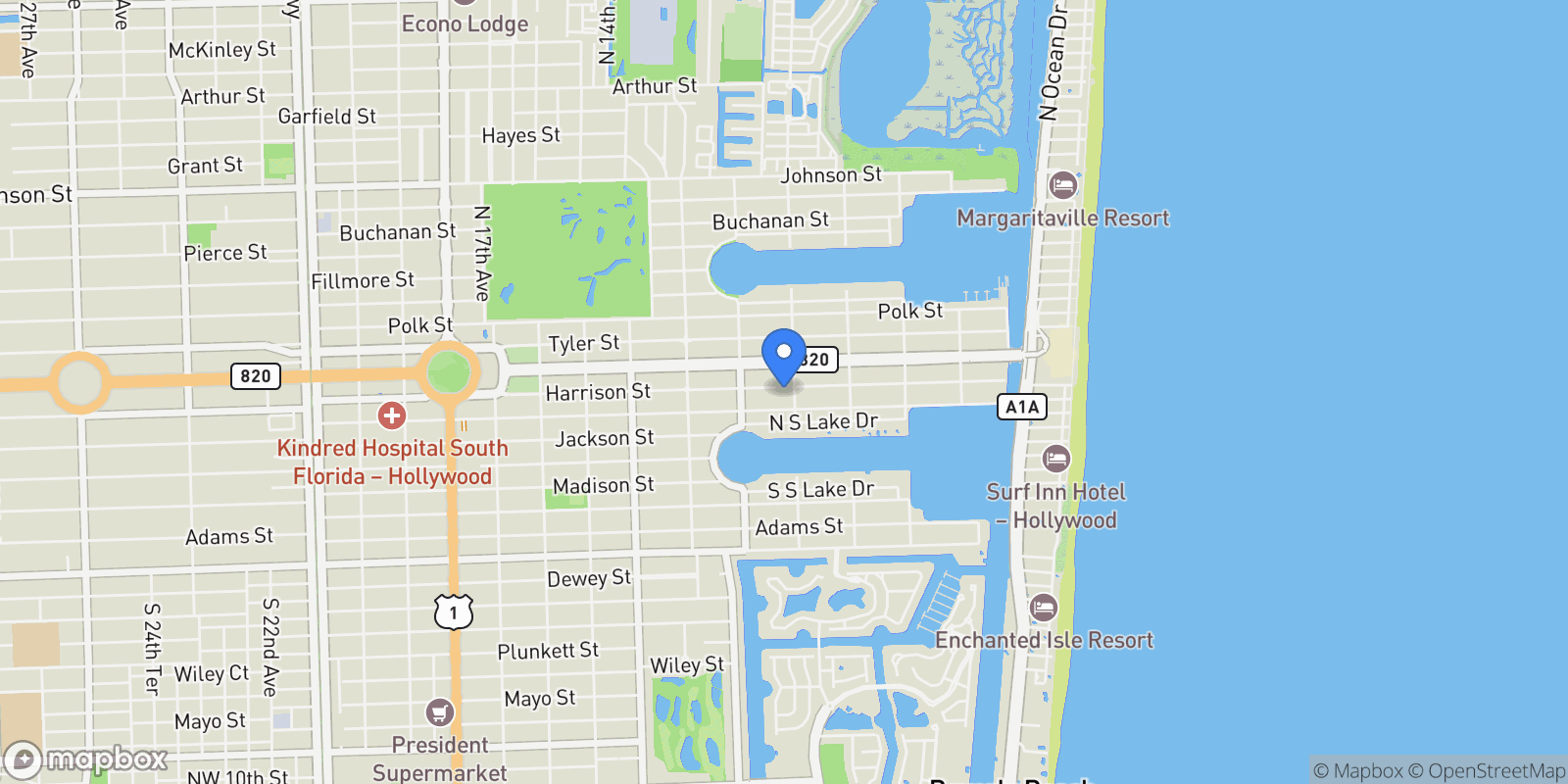 Map showing 1108 Harrison St, Hollywood, Florida, United States.
