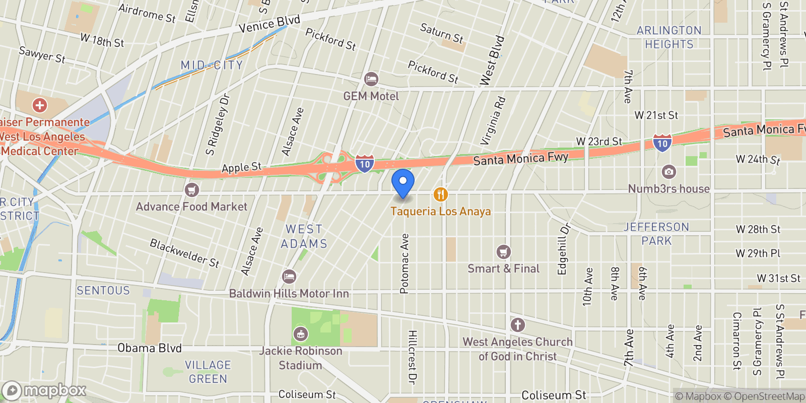 Map showing 2621 Vineyard Avenue, Los Angeles, California, United States.