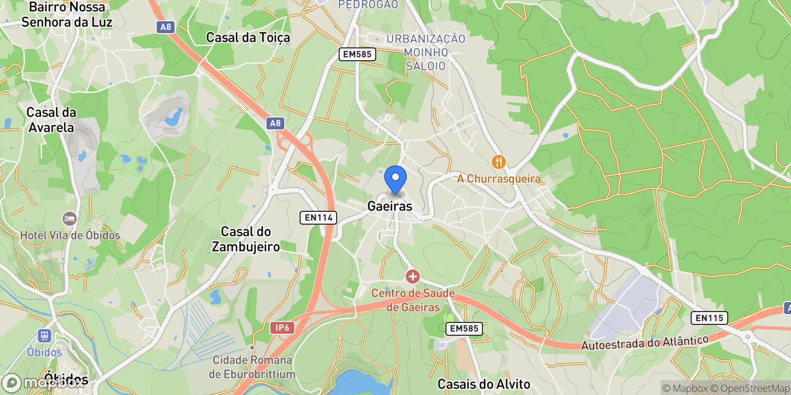 Map showing Gaeiras, Leiria, Gaeiras, Leiria District, Portugal.