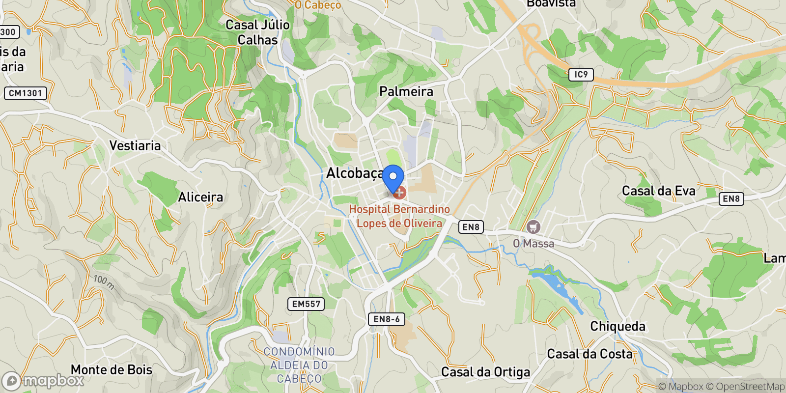 Map showing São Martinho do Porto, Leiria, Alcobaca e Vestiaria, Leiria District, Portugal.