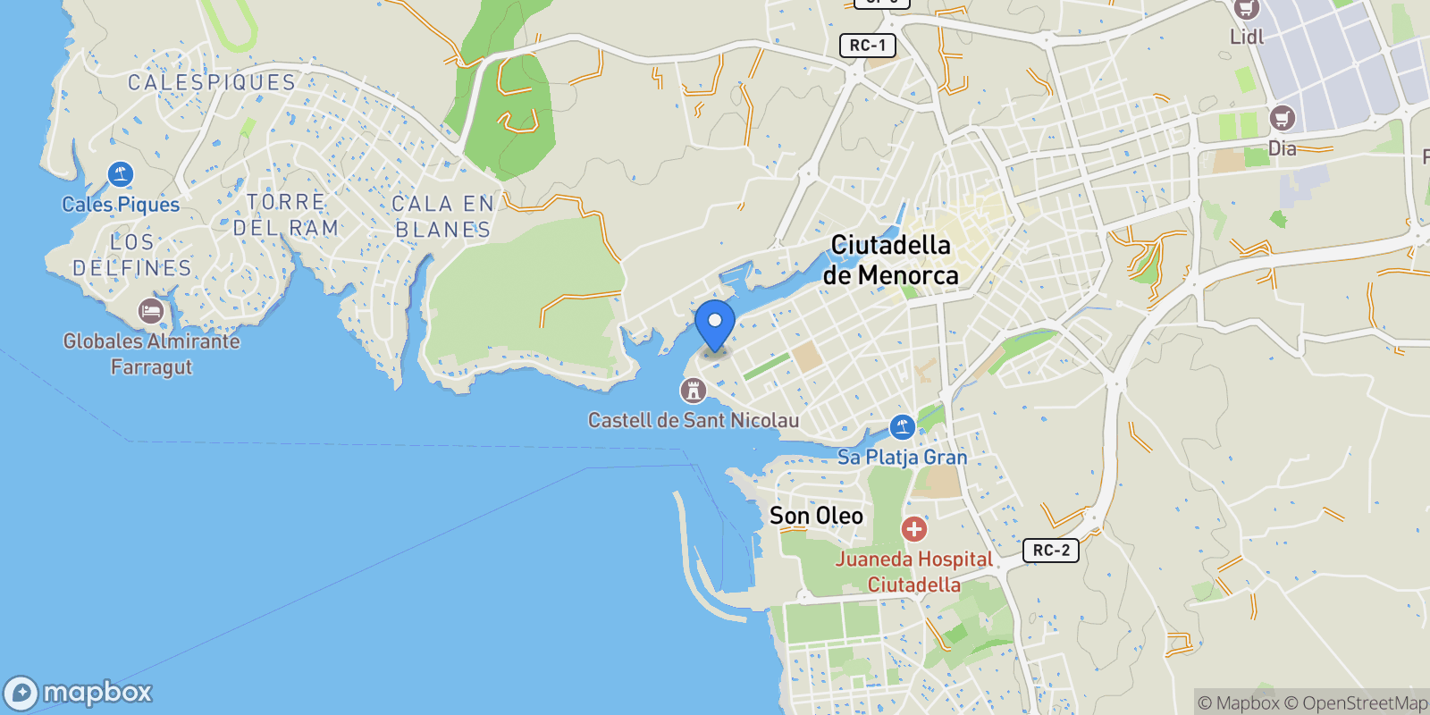 Map showing Ciutadella, Ciutadella de Menorca, BALEARES, Ciutadella de Menorca, Ciutadella de Menorca, Balearic Islands, Spain.