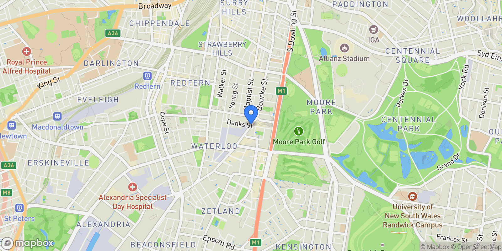 Map showing Danks St, Waterloo NSW 2017, Australia, Waterloo, New South Wales, Australia.