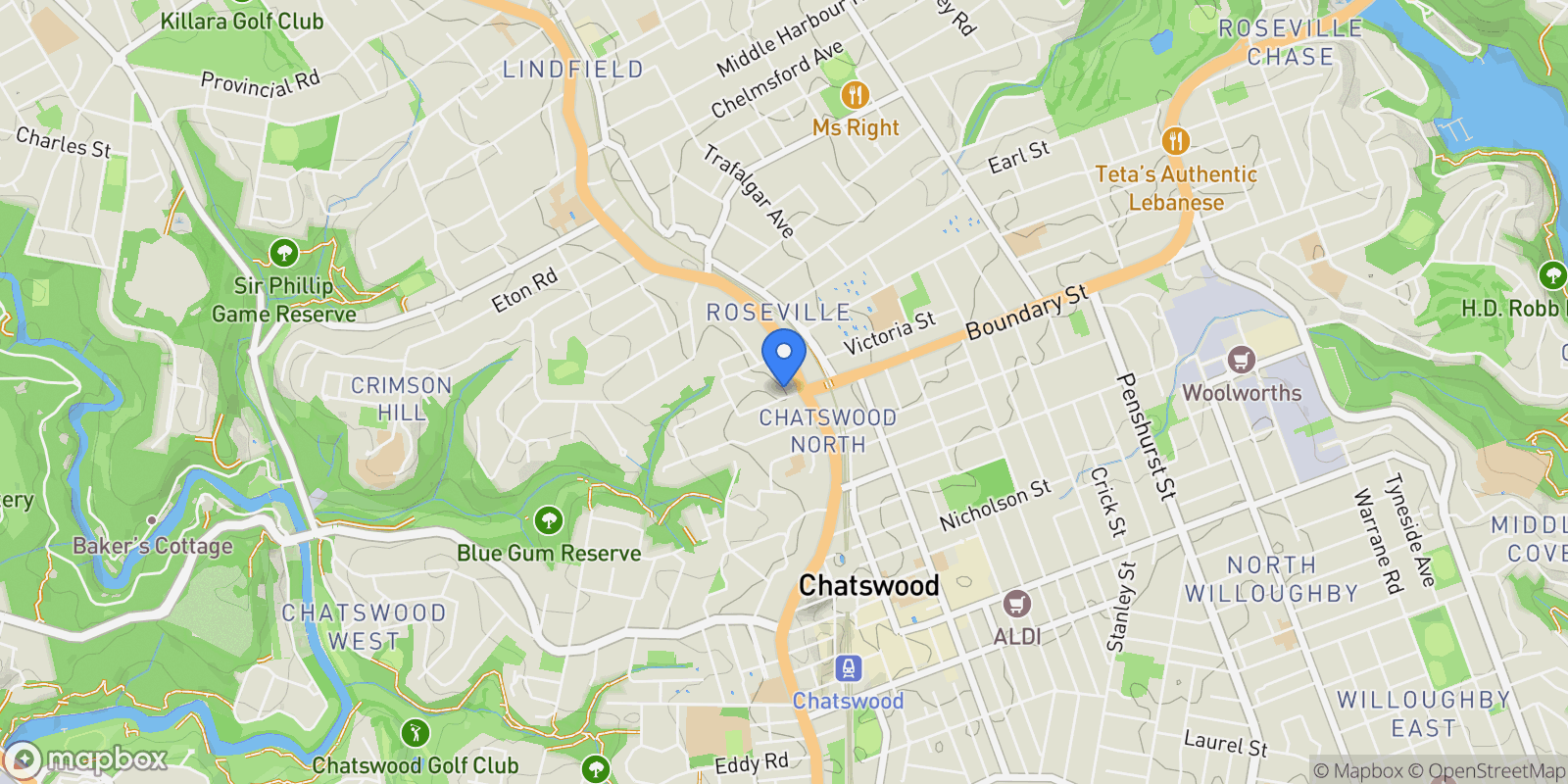 Map showing 1 Corona Ave, Roseville NSW 2069, Australia, Roseville, New South Wales, Australia.