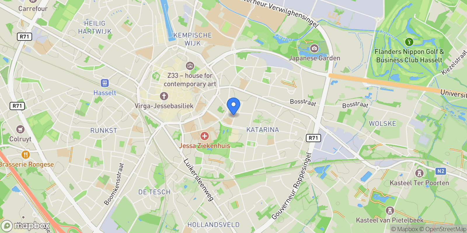 Map showing Jongmansstraat 9, Hasselt, Flanders, Belgium.