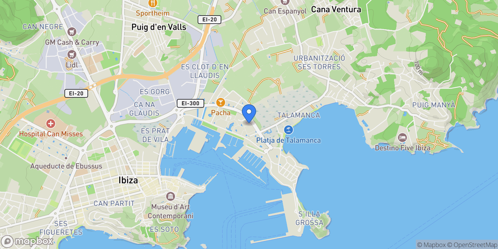 Map showing Marina Botafoc - Talamanca, Ibiza, Baleares, Ibiza, Ibiza Town, Balearic Islands, Spain.