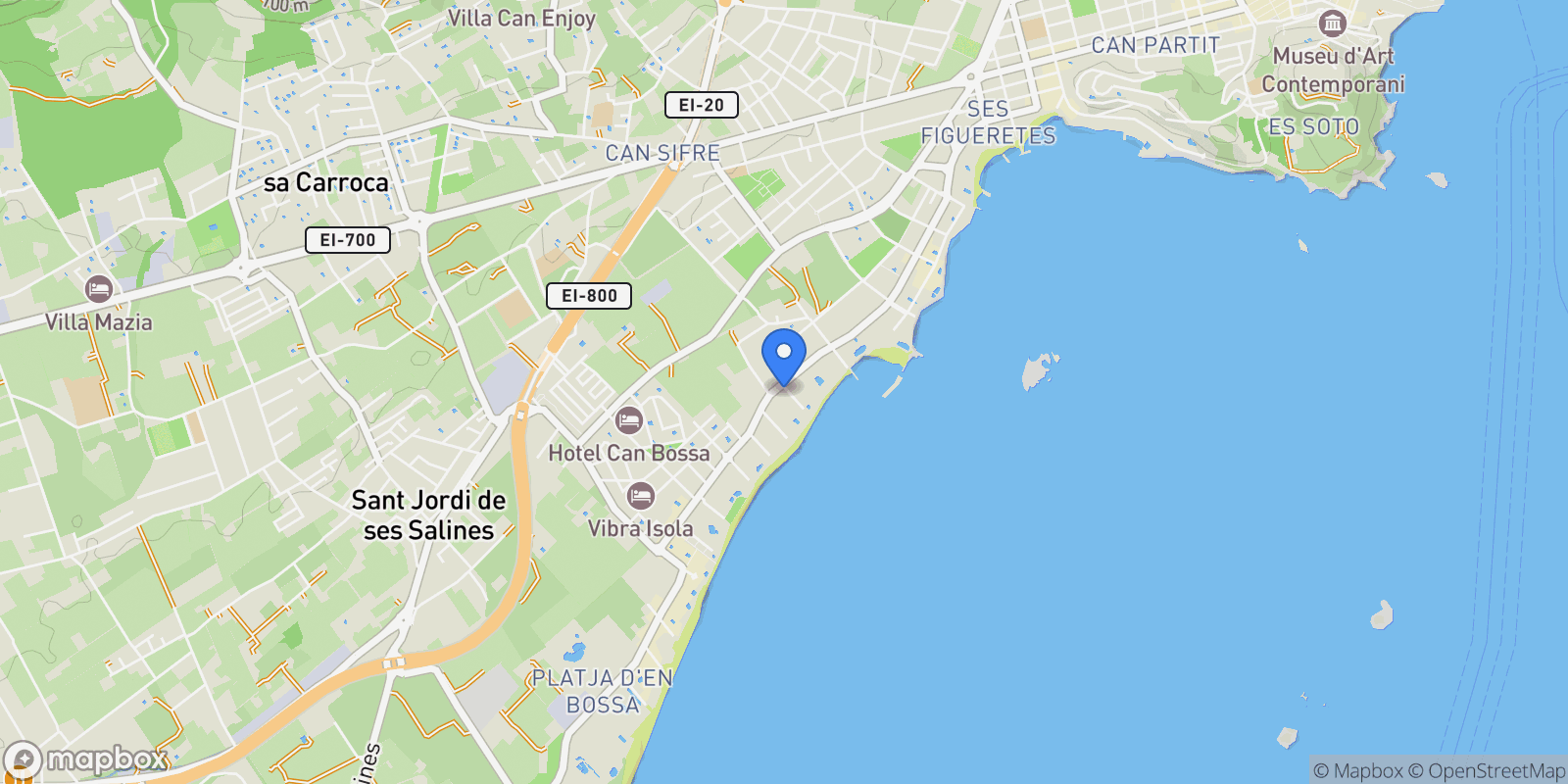 Map showing Figueretes - Platja d'En Bossa, Ibiza, Baleares, Ibiza, Ibiza Town, Balearic Islands, Spain.