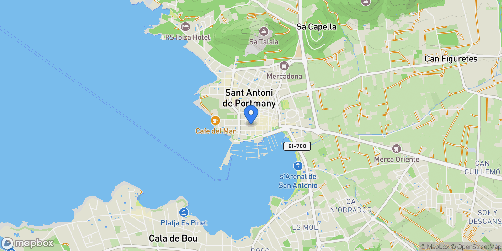 Map showing Sant Antoni de Portmany, Baleares, Sant Antoni de Portmany, Sant Antoni de Portmany, Balearic Islands, Spain.