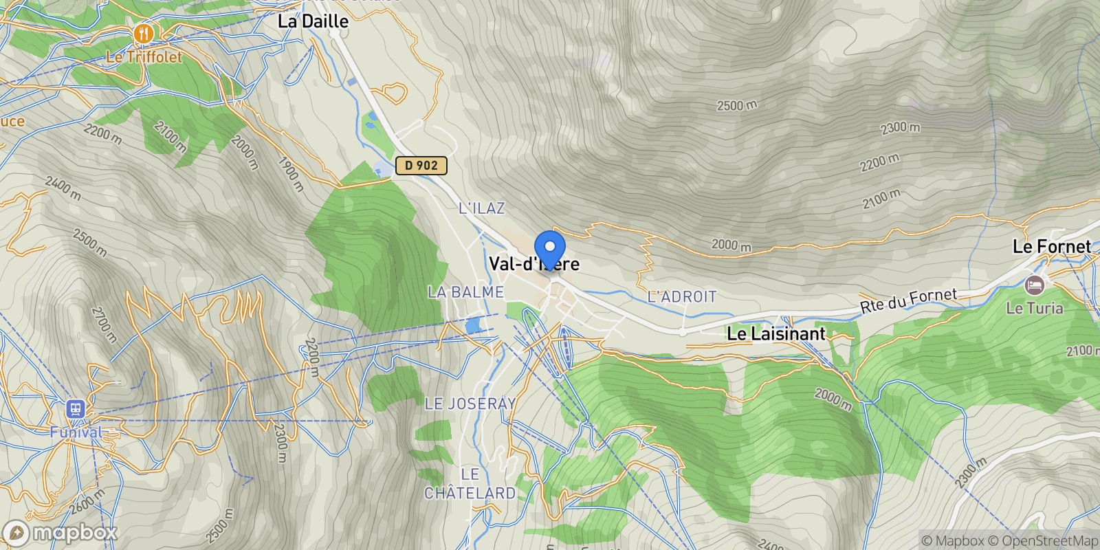 Map showing 73150 Val-d'Isère, France, Val-d'Isère, Auvergne-Rhône-Alpes, France.