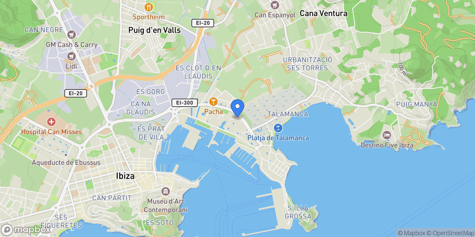 Map showing Marina Botafoc - Talamanca, Ibiza, Baleares, Ibiza, Ibiza Town, Balearic Islands, Spain.
