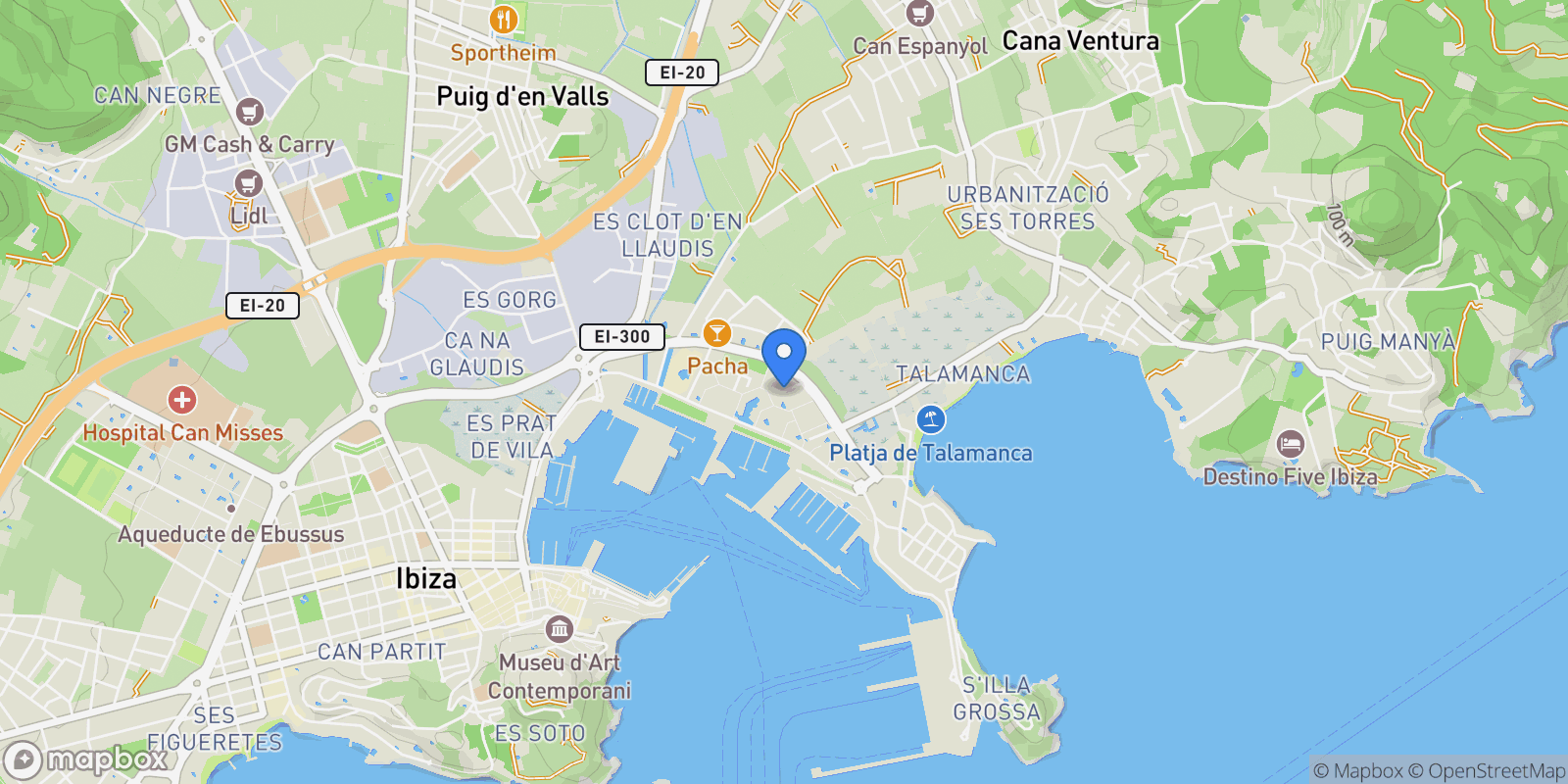 Map showing Marina Botafoc - Talamanca, Ibiza, Baleares, Ibiza, Ibiza Town, Balearic Islands, Spain.