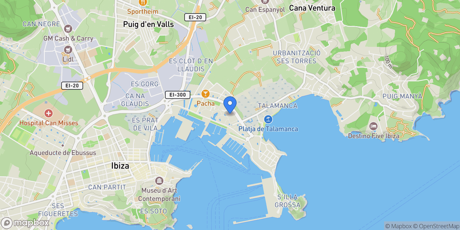 Map showing Marina Botafoc - Talamanca, Ibiza, Baleares, Ibiza, Ibiza Town, Balearic Islands, Spain.