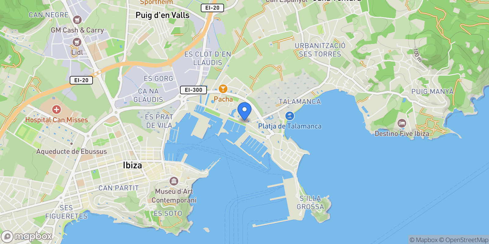 Map showing Marina Botafoc - Talamanca, Ibiza, Baleares, Ibiza, Ibiza Town, Balearic Islands, Spain.