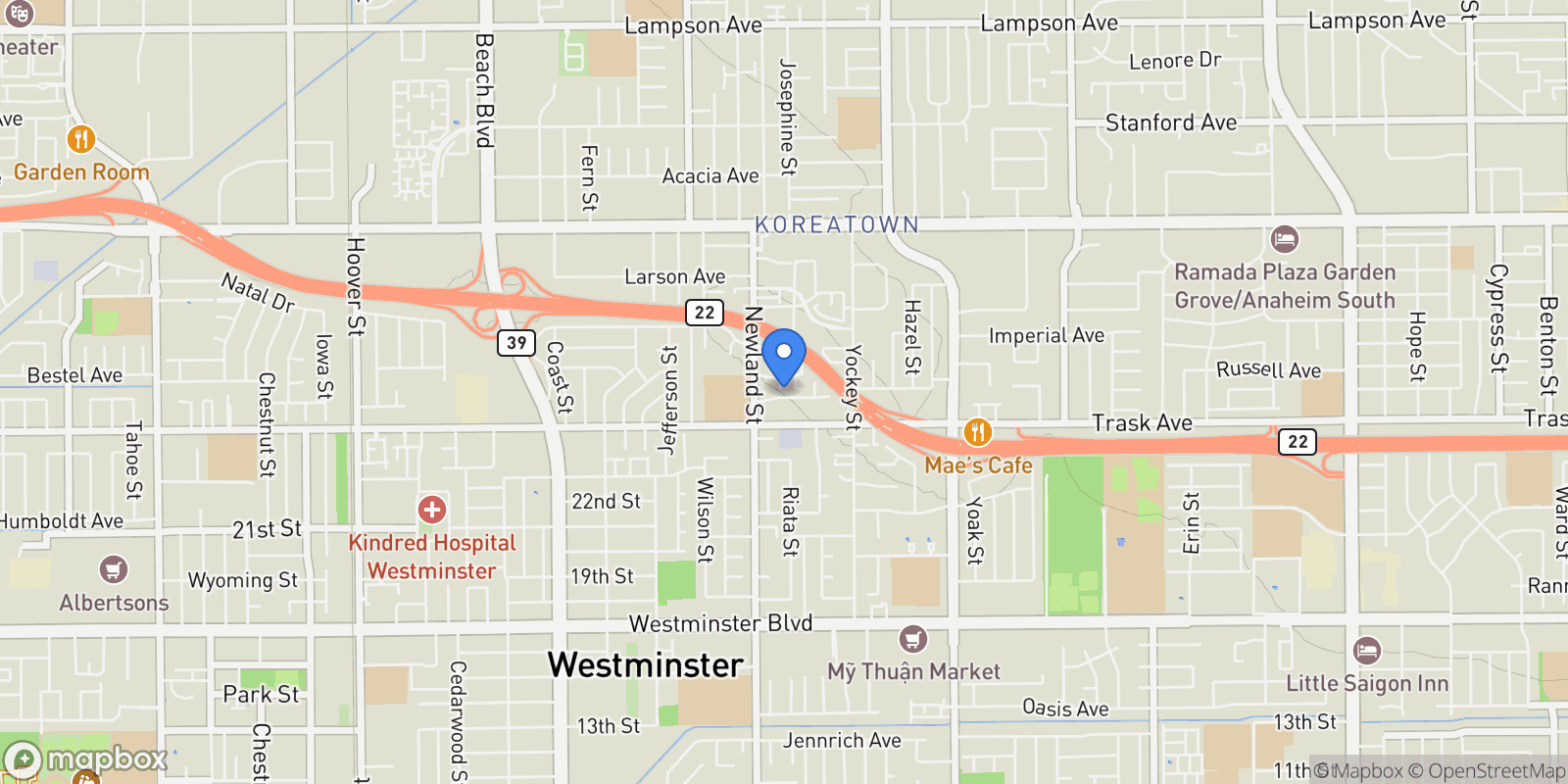 Map showing 8561 Gloria, Garden Grove, California, United States.