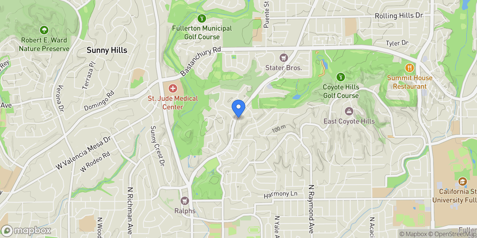 Map showing 1923 Overlook Road, Fullerton, California, United States.
