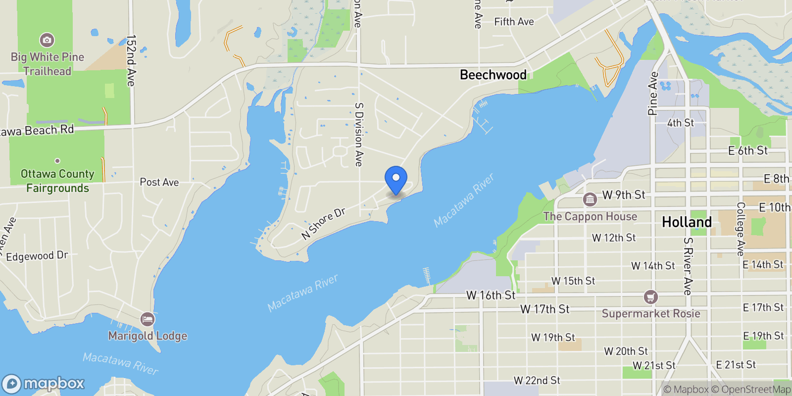 Map showing 602 Lawn Avenue, Holland, MI 49424, West Olive, Michigan, United States.