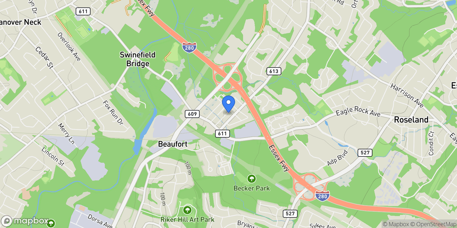 Map showing 44 4th Avenue, Roseland, NJ 07068, Roseland, New Jersey, United States.