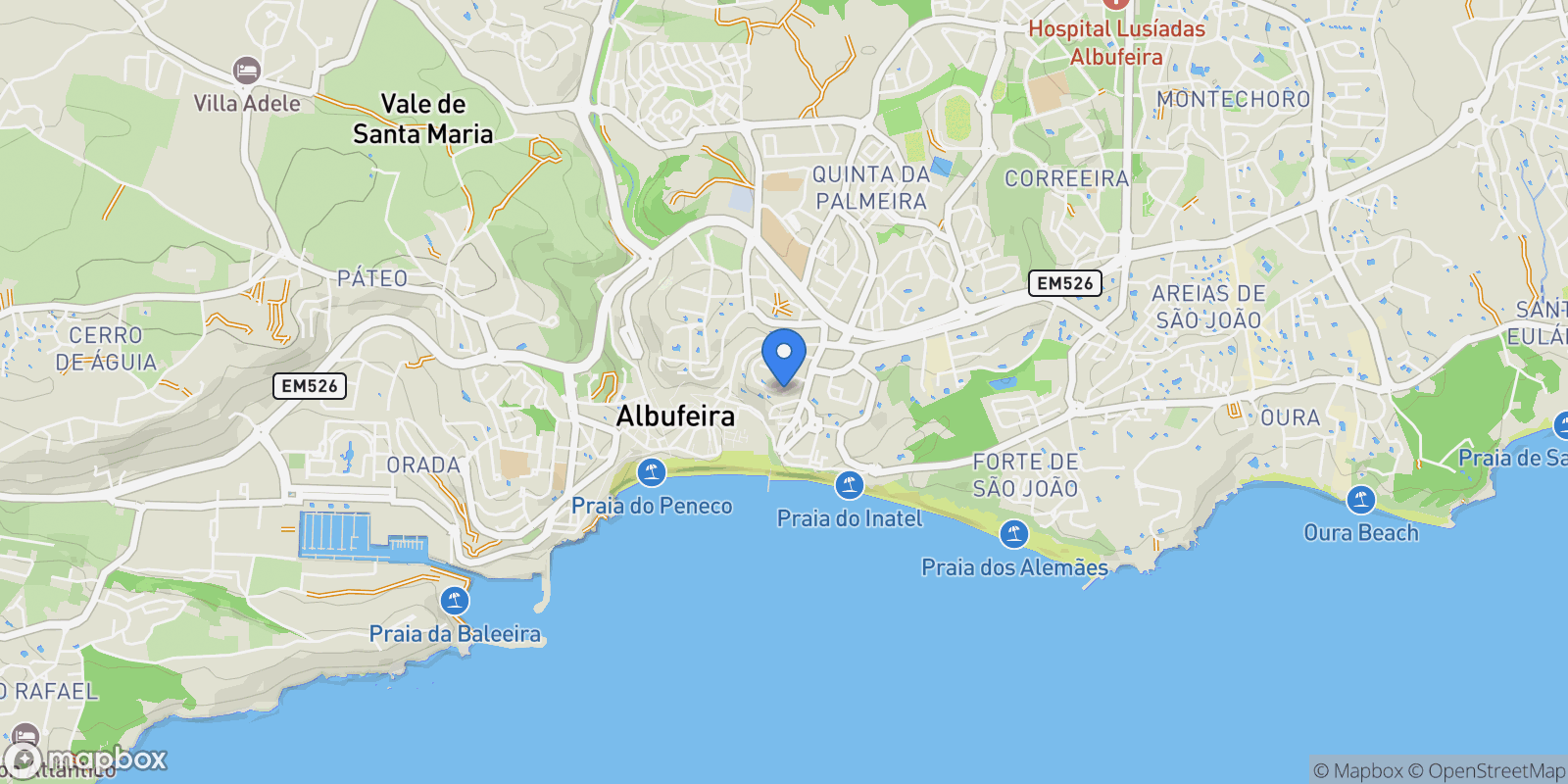 Map showing Albufeira, Algarve, Praia dos Pescadores, Olhos de Agua, Portugal.