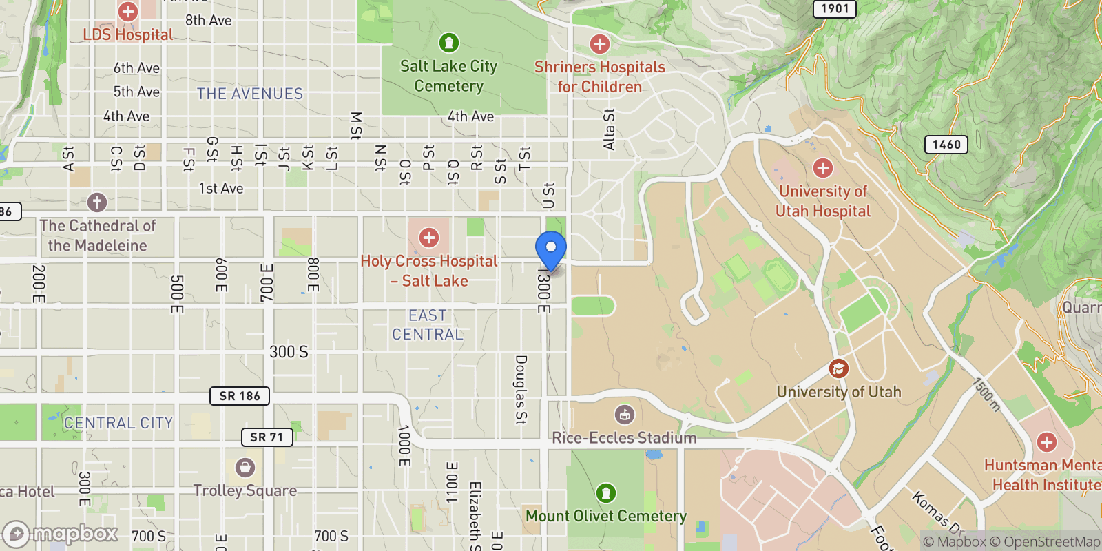 Map showing 125 S 1300 E, Salt Lake City, Utah, United States.