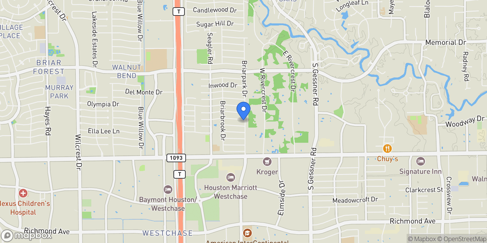 Map showing 10003 Burgoyne Road, Houston, Texas, United States.