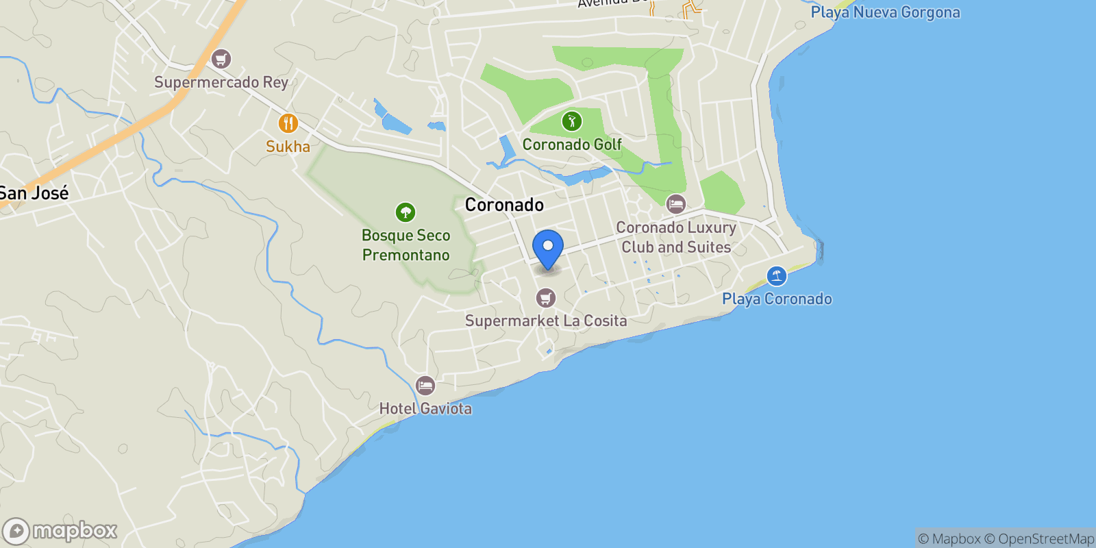Map showing Los Pozos Resort, Las Lajas, Panamá Oeste, Panama, Panama.