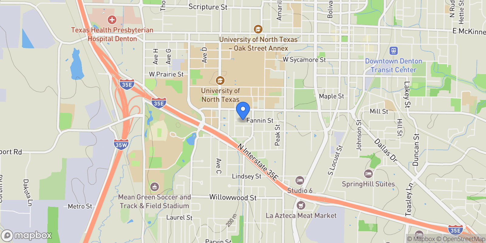 Map showing 1303 Fannin Street, Denton, Texas, United States.