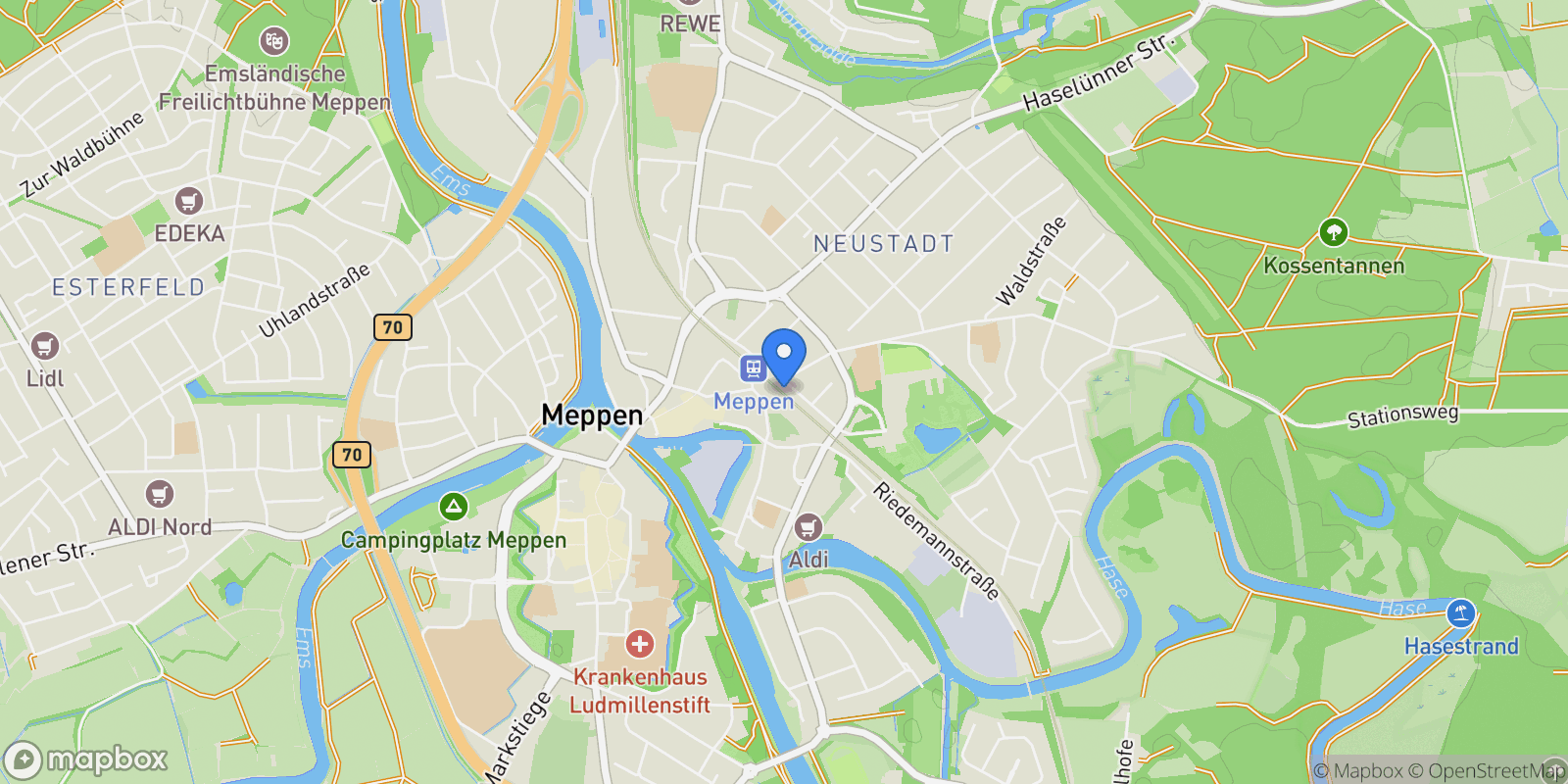 Map showing 49716 Meppen, Germany, Meppen, Lower Saxony, Germany.