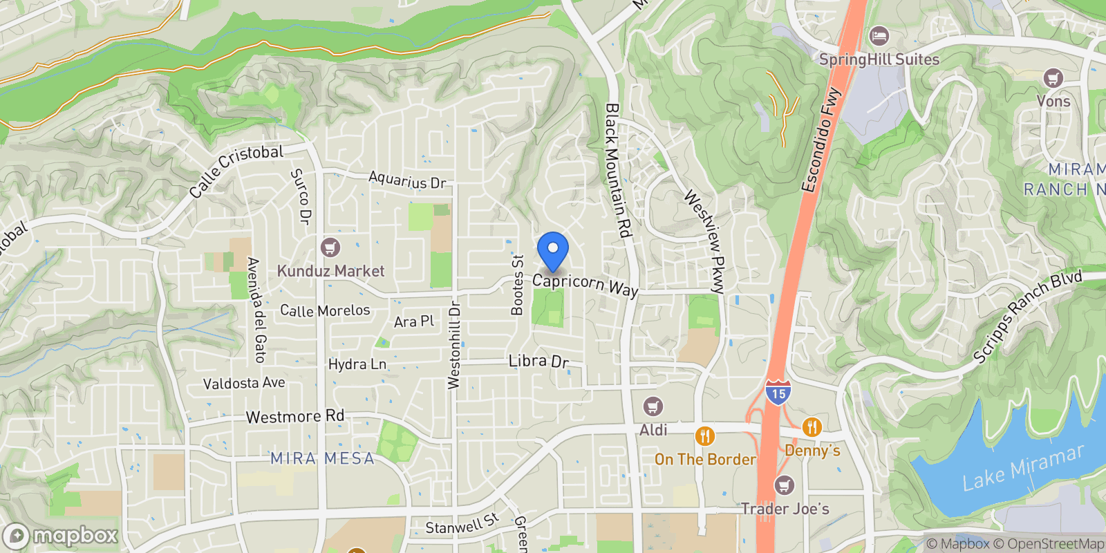 Map showing 9050 Capricorn Way, San Diego, California, United States.