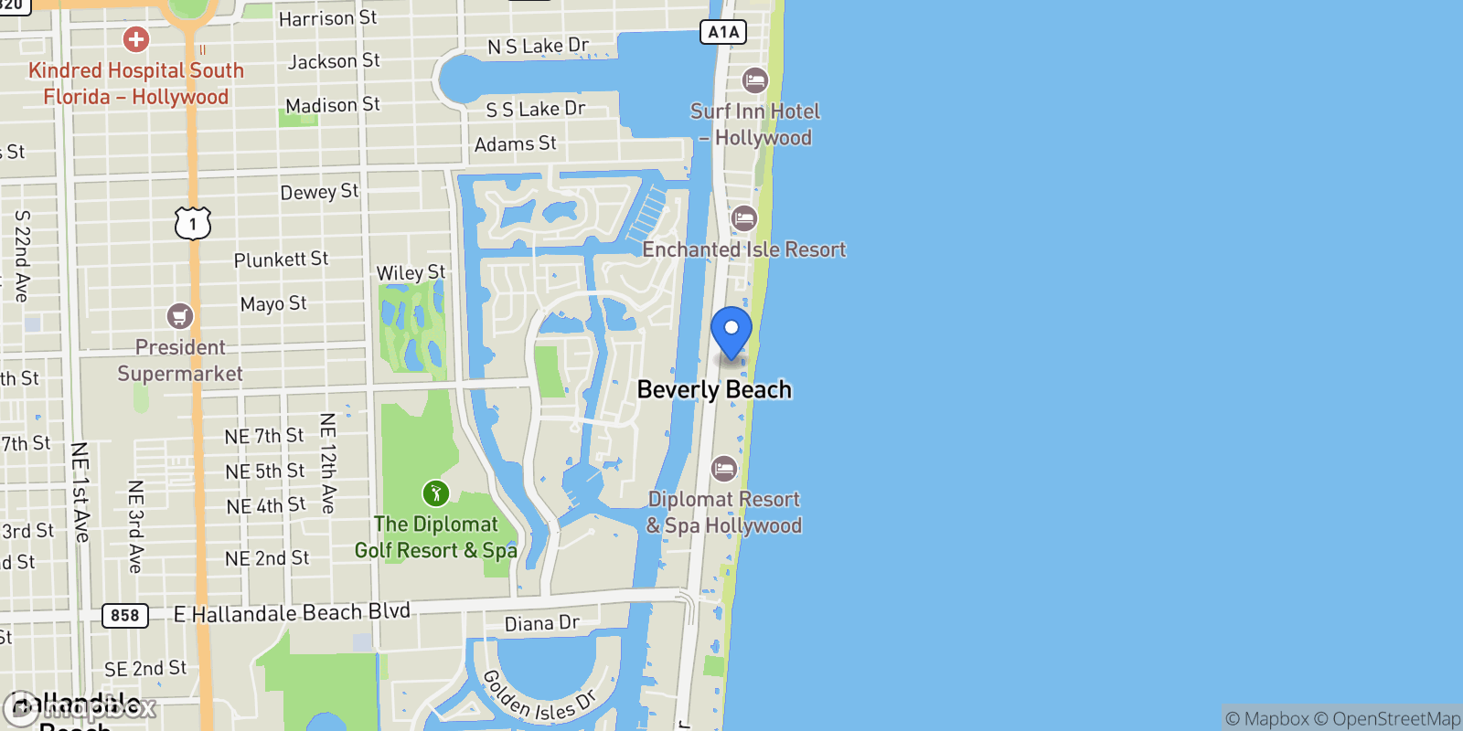Map showing 2711 S Ocean Drive, Hollywood, Florida, United States.
