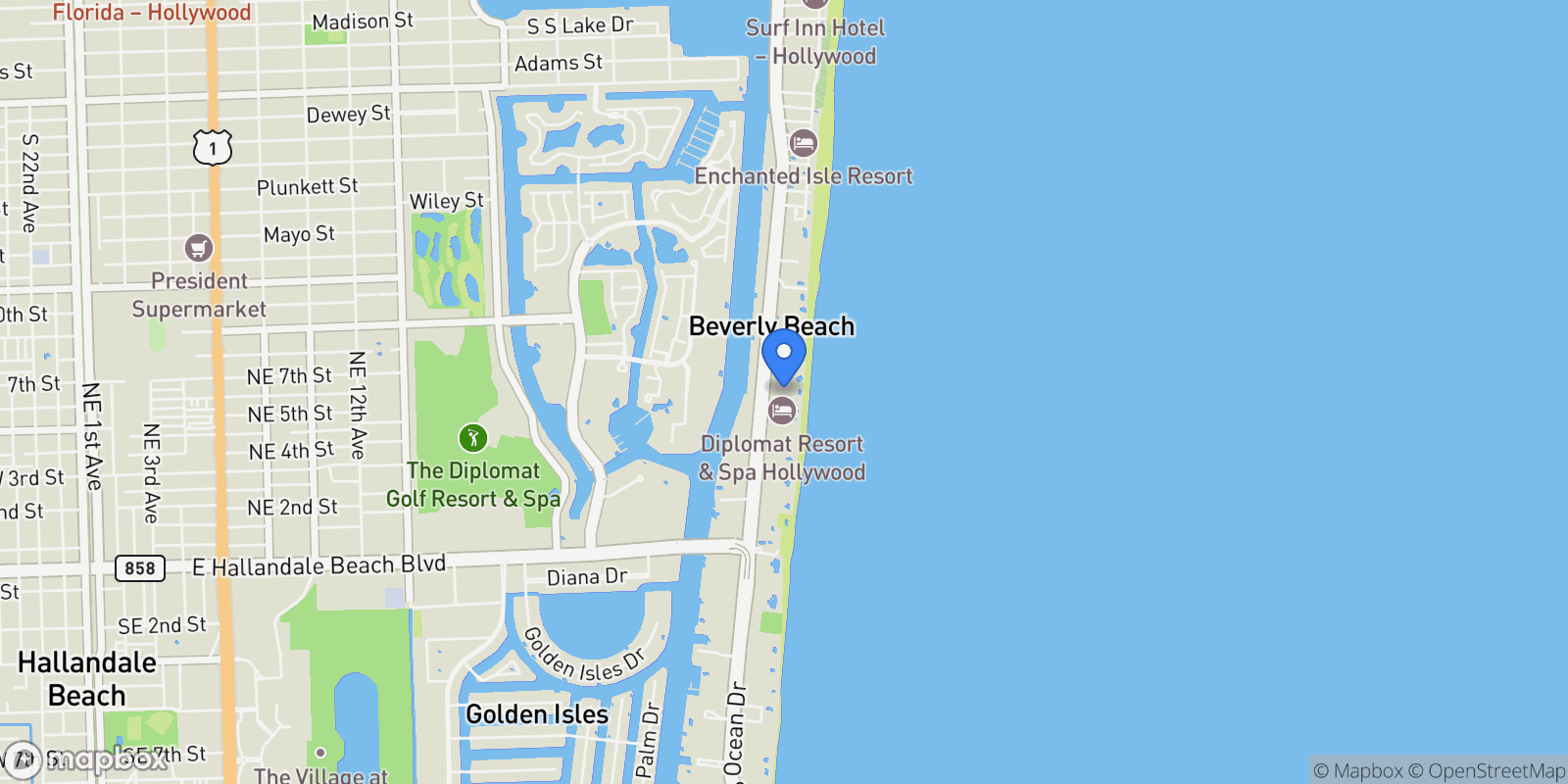 Map showing 3535 S Ocean Drive, Hollywood, Florida, United States.