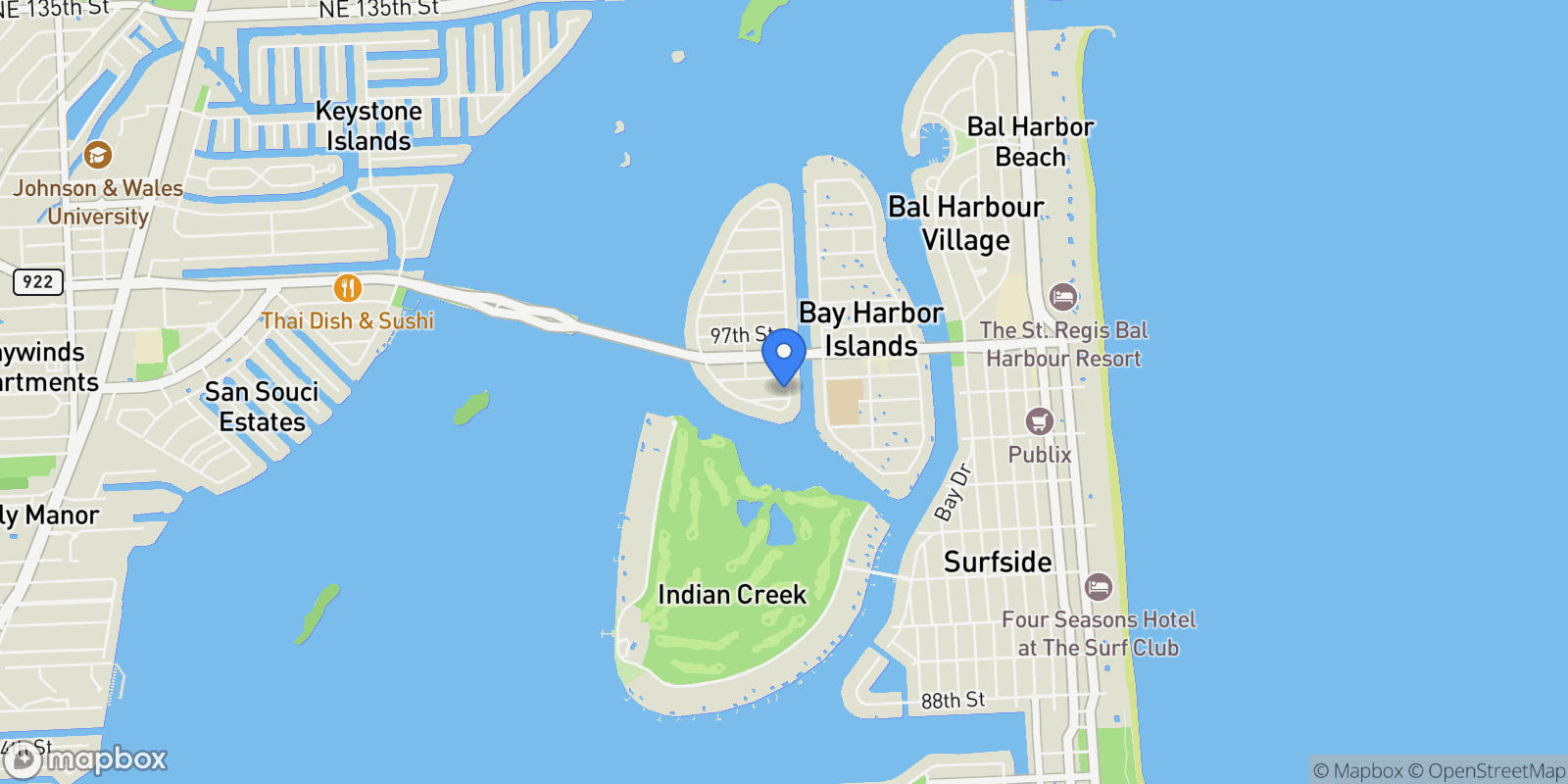 Map showing 9400 E Broadview Dr, Bay Harbor Islands, FL, United States.