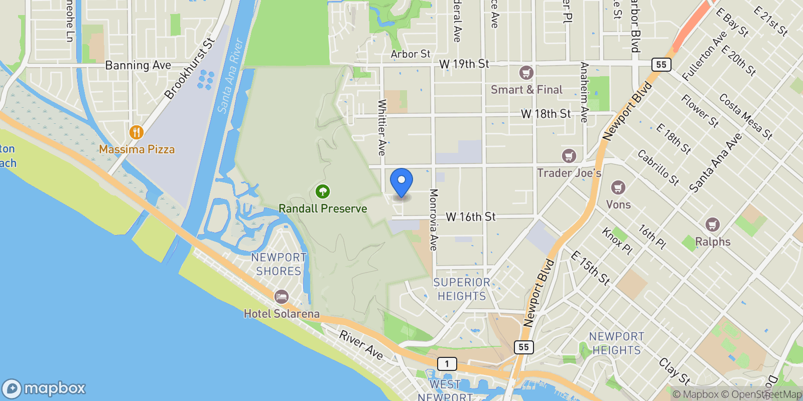 Map showing 1022 Bridgewater Way, Costa Mesa, California, United States.