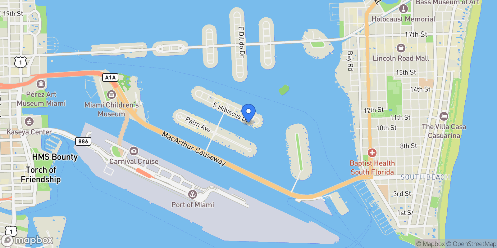 Map showing 66 S Hibiscus Dr, Miami Beach, Florida, United States.