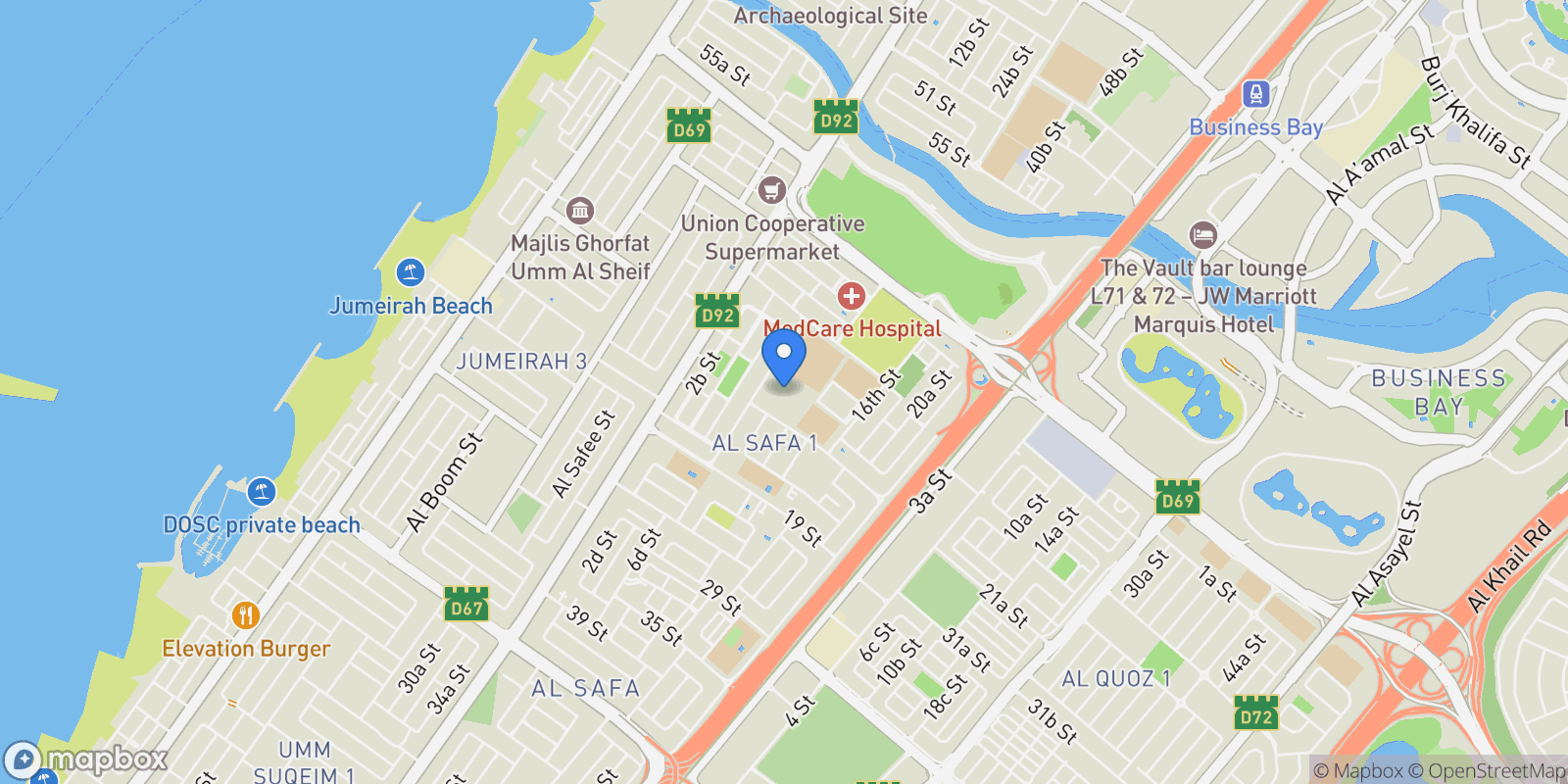 Map showing Al Safa, Dubai, Dubai, Dubai, United Arab Emirates.