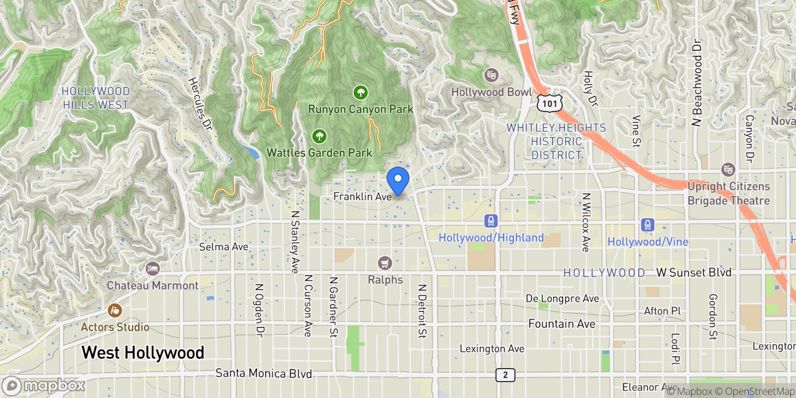 Map showing 7250 Franklin Avenue 512, Los Angeles, California, United States.