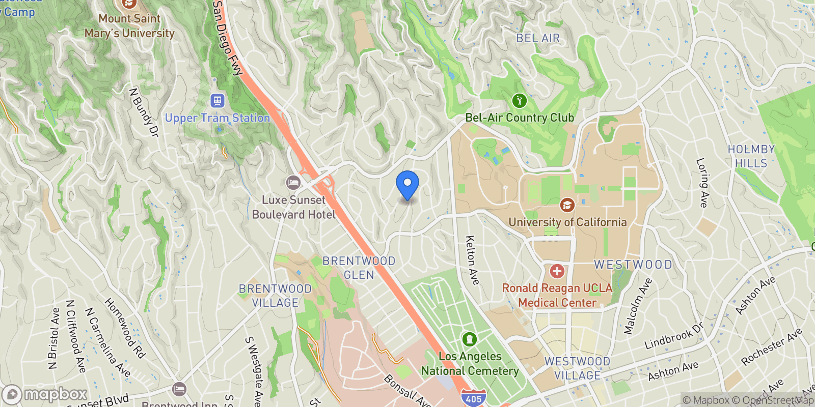 Map showing 255 S Bentley Ave, Los Angeles, CA 90049, Los Angeles, California, United States.