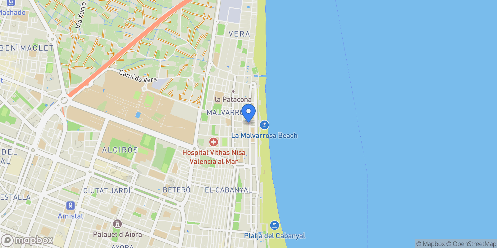Map showing C/ Isabel de Villena, Playa De La Malvarrosa, Poblats Maritims, Valencia.
