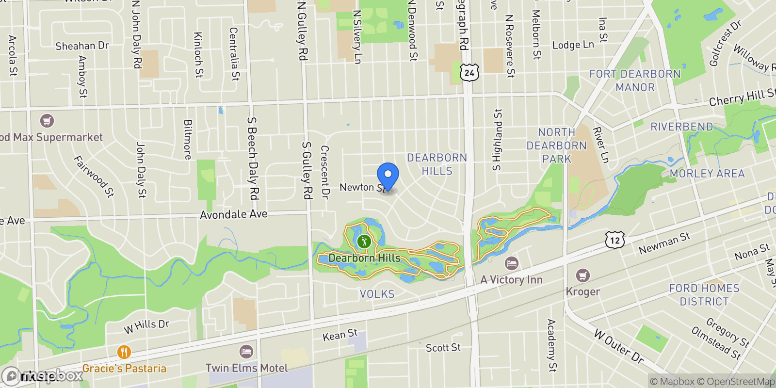 Map showing 24801 Newton Street, Dearborn, MI 48124, Dearborn, Michigan, United States.