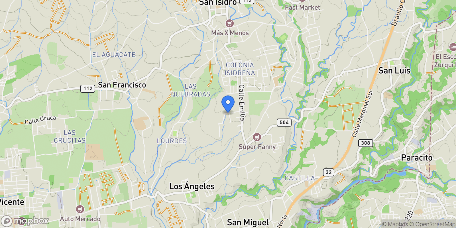 Map showing Las Gemas Residence, Angeles, Heredia Province, Costa Rica.
