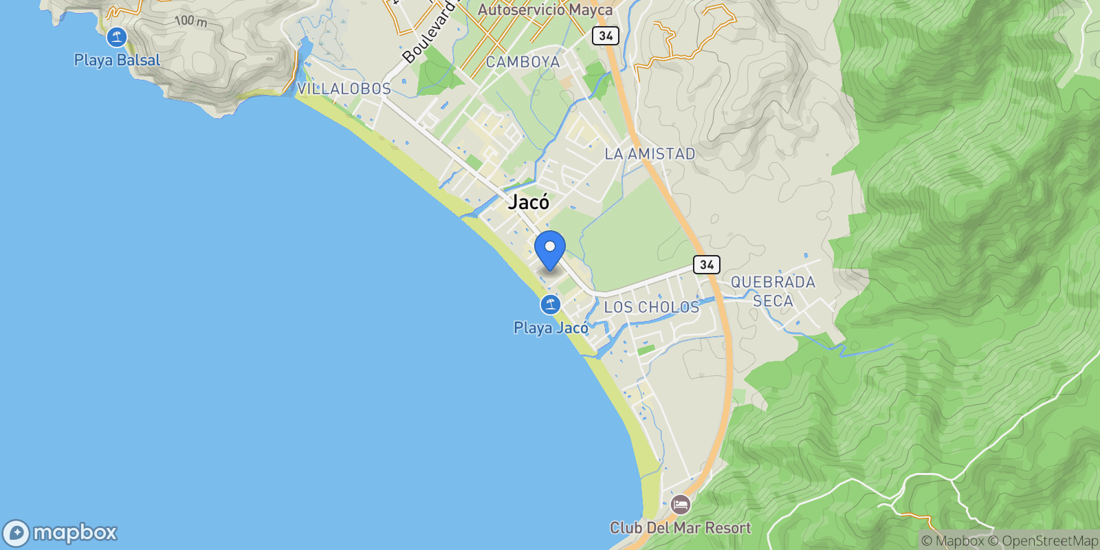Map showing Jaco Beach, Jaco, Puntarenas Province, Costa Rica.