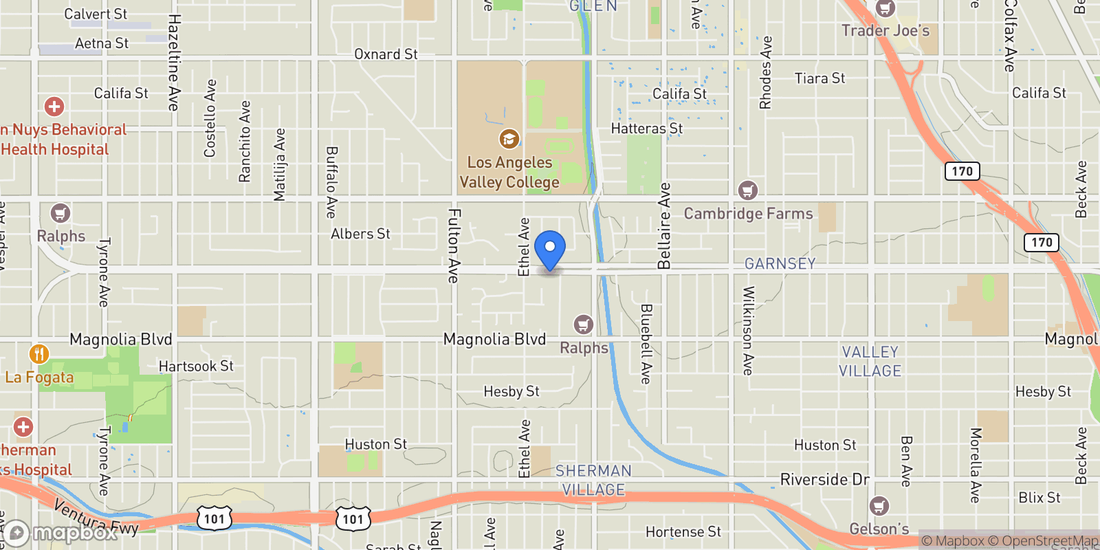 Map showing 13016 Chandler, Los Angeles, California, United States.