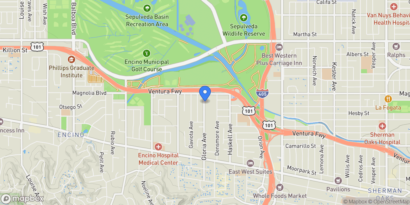 Map showing 5150 Gloria Avenue, Los Angeles, California, United States.
