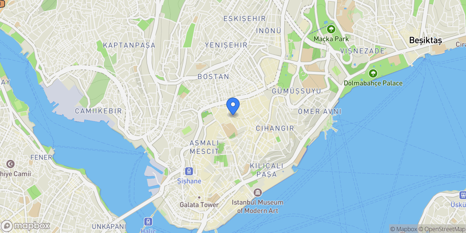 Map showing Gümüşsuyu Palas Apt. Ömer Avni, Mahallesi, İnönü Cd. No:18, 34427 Beyoğlu/İstanbul, Beyoglu, 34, İstanbul, İstanbul, Turkey.